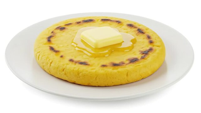 A golden, soft arepa de choclo made from fresh ground corn, served on a white ceramic plate with a melting pat of fresh yellow butter on top. The texture shows visible corn kernels.