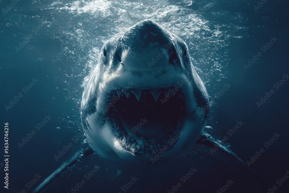 Poster ferocious shark logo design showcasing a realistic underwater view at dawn, emphasizing the sharp te