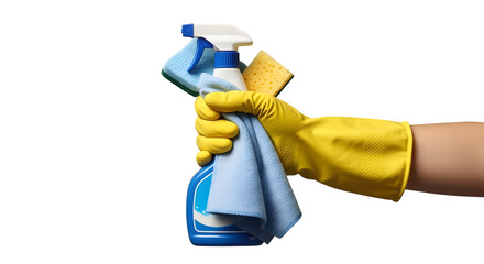Hand with glove holding cleaning spray and cloths png, transparent, white background, ai generated, 