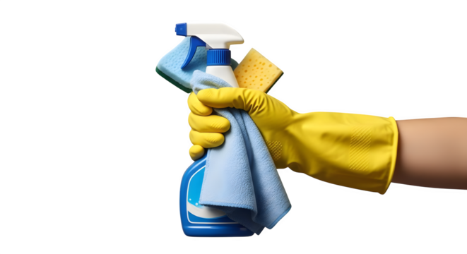 Hand with glove holding cleaning spray and cloths png, transparent, white background, ai generated, 