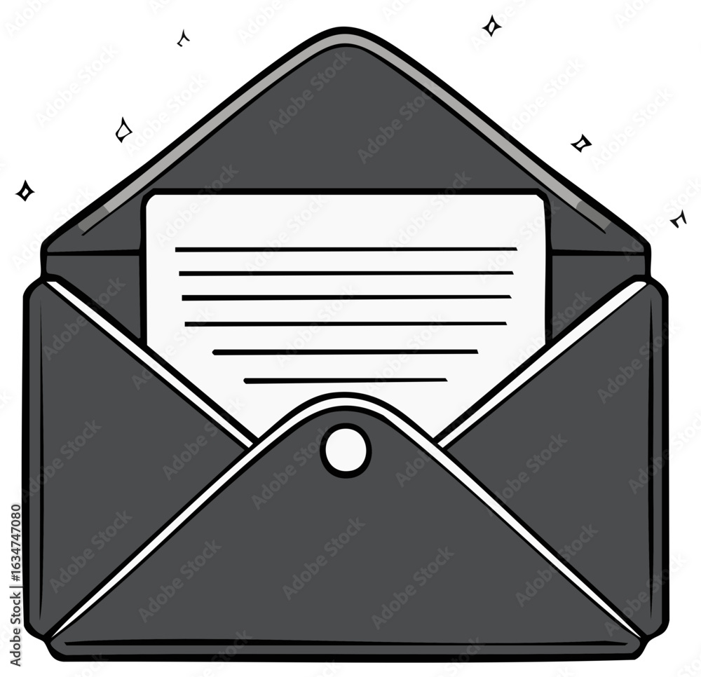 Poster open envelope with a document inside, mail concept, letter or message with shining sparkles.