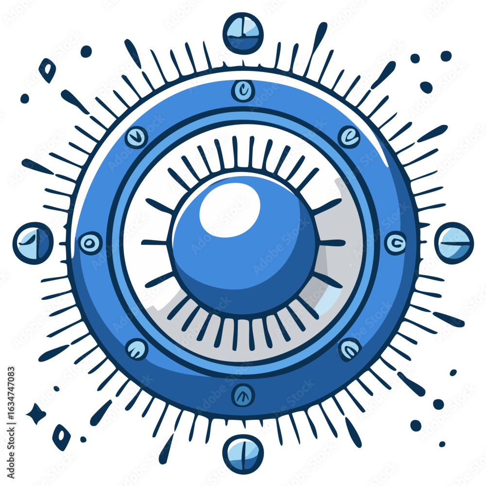Poster abstract blue circular interface element with central sphere and radial pattern