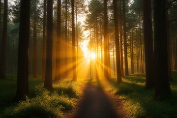 Fototapeta premium Sunbeams through the Forest Path