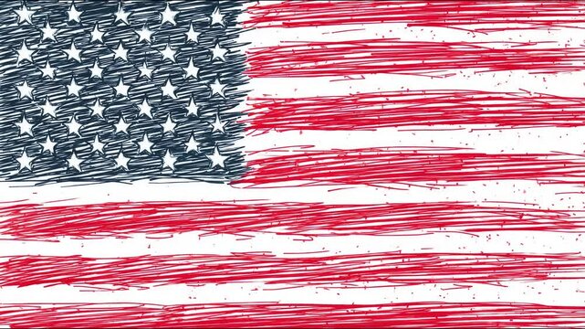 Handdrawn american flag animation with dynamic brush strokes and textured patterns