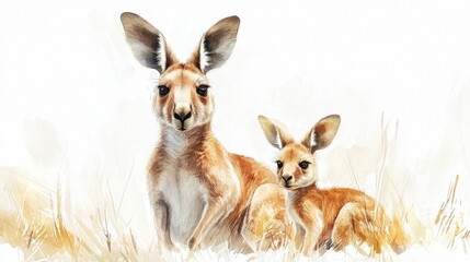 adorable watercolor kangaroo mommy with baby joey, white background