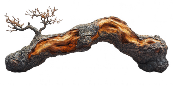 Strikingly textured gnarled tree root with glowing orange interior and delicate branches isolated on transparent background