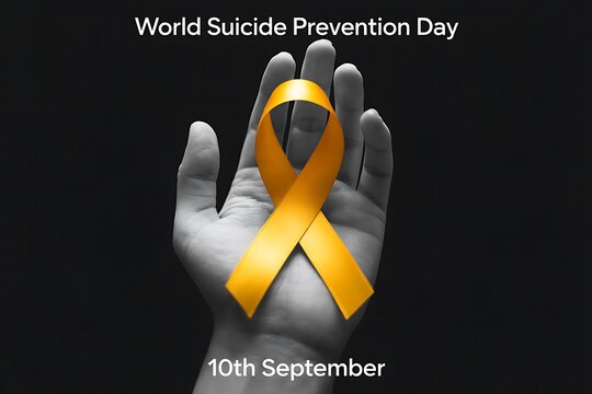 Offering hope and support with a bright yellow ribbon held gently in an open hand on World Suicide Prevention Day - Powered by Adobe