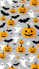 Kürbisse, Geister und Fledermäuse vor grauem Hintergrund 