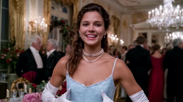 A beautiful smiling young woman in an elegant ball gown and pearl necklace attends a luxurious high society event, representing historical romance, aristocracy and classic elegance