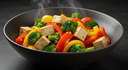 Vibrant Vegetable and Tofu Stirfry in Dark Bowl Closeup.