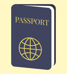 Minimal flat illustration of a blue passport with a golden globe symbol travel document isolated vector modern design for summer vacation tourism or trip themed projects