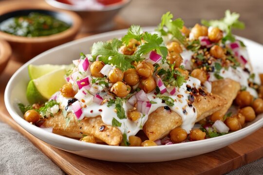 Samosa chaat garnished with chickpeas, red onions, cilantro and yogurt sauce