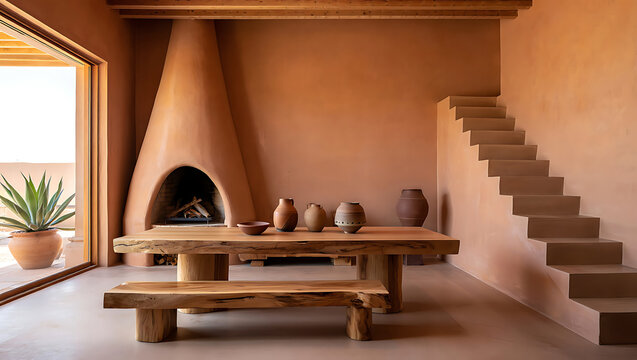 Rustic Interior with Adobe Fireplace Wooden Table and Stairs in Minimalist Design Home Featuring Vases and Plant in Pot Promoting Tranquility