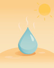 Flat vector illustration of a blue water drop evaporating under hot sun concept of heatwave summer drought or global warming minimal design in warm colors