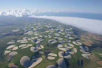 Aerial view of sculpted farm fields, dotted with pale shapes, surrounded by green fields, with a coastal mist line and a clear sky