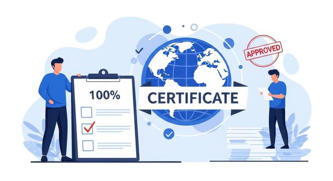 Flat illustration of two men review a certificate with a global approval stamp and checklist, symbolizing business success and verification