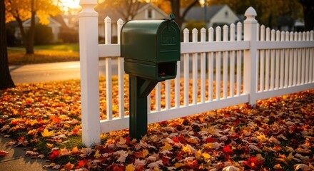 A green mailbox sits nestled in a bed of autumn leaves beside a white picket fence. Sunlight streams in at sunset