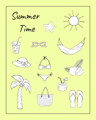 Summer hand drawn doodles set with beach objects coconut cocktail swimsuit hat flip flops and palm tree on yellow background