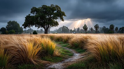 A dramatic sky with sunbeams breaking through thick clouds over farmland.
