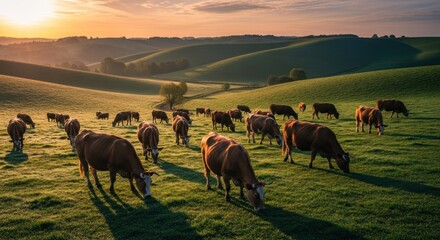 Obraz premium A herd of brown cows grazing on a lush green field at sunrise. Rolling hills in the background