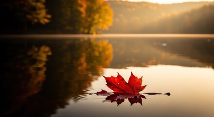 A single vibrant red maple leaf floats gently on a calm lake surface at dawn, mirrored perfectly in the still water.  Golden autumn colors surround the tranquil scene
