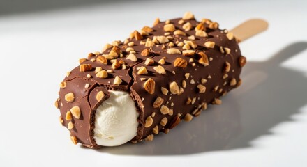 A chocolate-covered ice cream bar with almonds.  The bar is angled, showing a bitten or broken section exposing the creamy white ice cream inside.  Crispy almond pieces are sprinkled