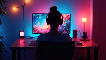 Young Woman Immersed in Gaming with Colorful LED Lights Illuminating Her Workspace
