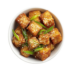 whte Bowl of Fried Tofu Cubes on transparent background
