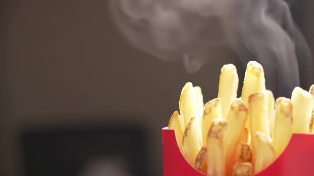 Close-up shot of a steaming pile of french fries in a red cardboard container, perfect for illustrating fast food, cravings, or the simple joy of a tasty snack against blurry blackground
