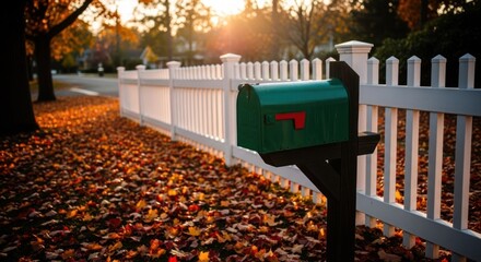 Autumnal mailbox by a white picket fence at sunset