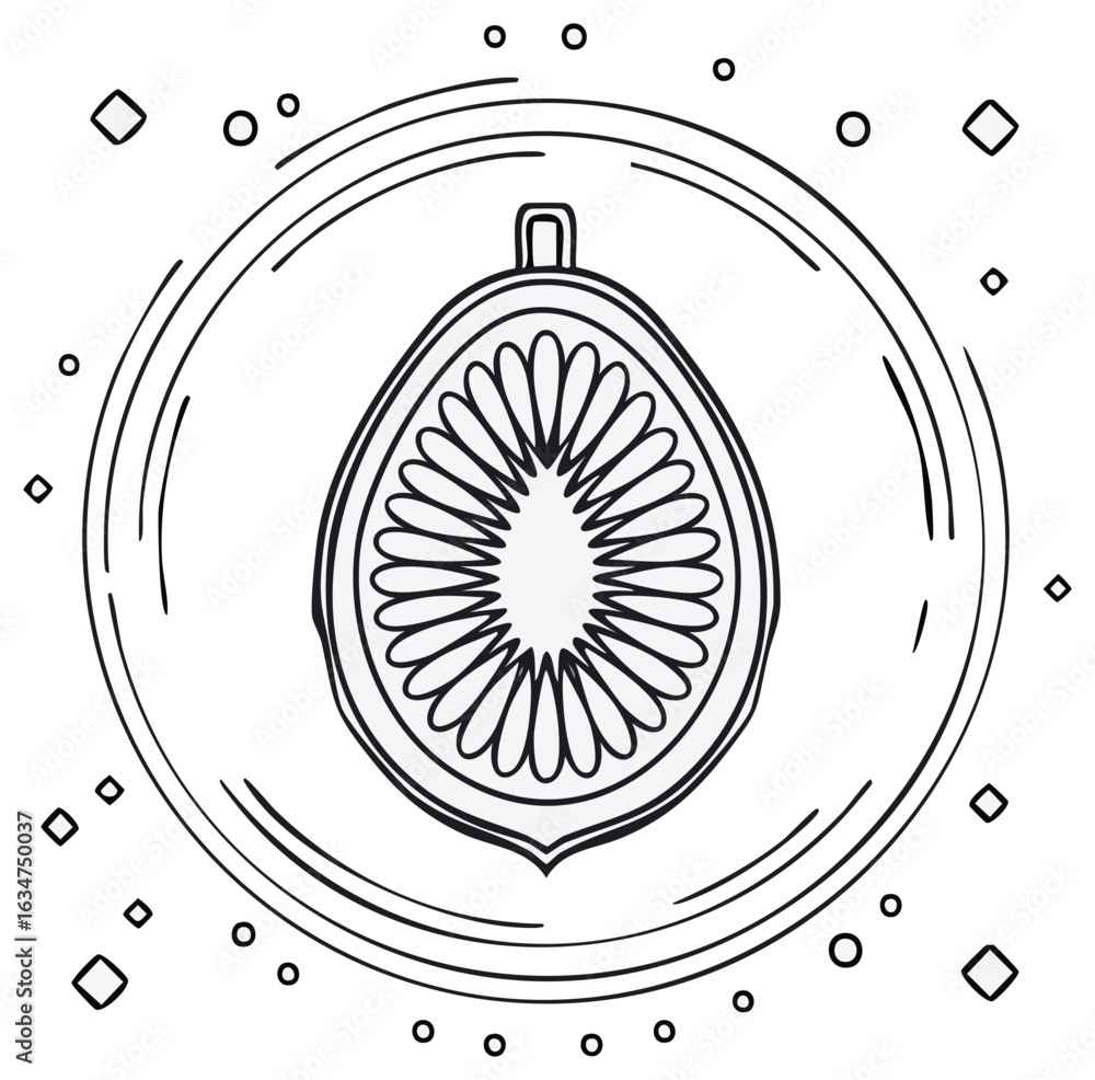 Aufkleber outline drawing of a sliced fruit inside of a circle frame with abstract elements.