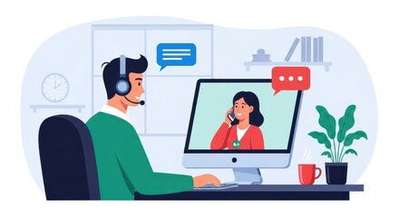 Flat illustration of a customer support representative wearing a headset talks to a client on a computer screen