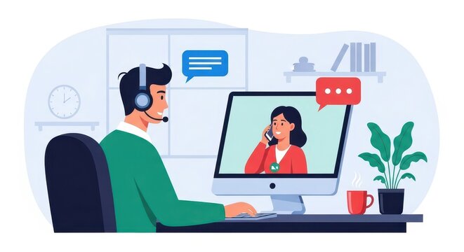 Flat illustration of a customer support representative wearing a headset talks to a client on a computer screen
