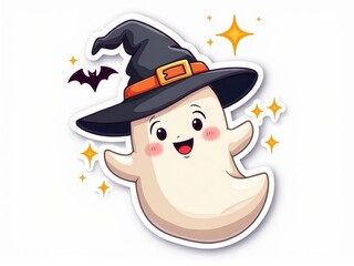 Sticker with a smiling ghost wearing a witch hat and a tiny bat with sparkly stars on a white background, cheerful Halloween design concept