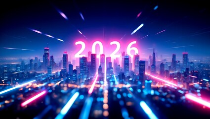 Fototapeta premium Vibrant 2026 new year with light trails and futuristic city skyline at night