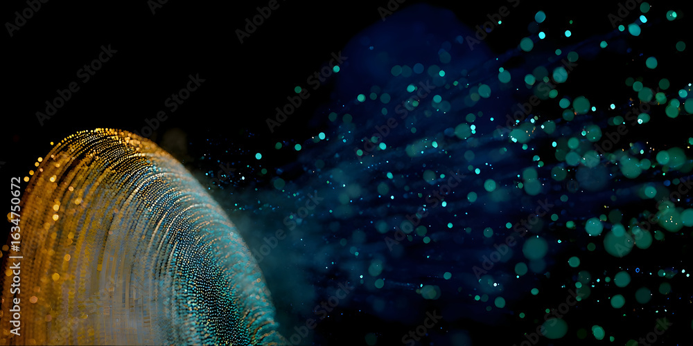 Poster golden particle wave dispersing into a nebula of teal bokeh lights.