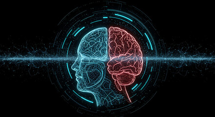 Futuristic ai brain concept, a digital representation of artificial intelligence, highlighting the connection between human intellect and technological advancement in the cyber world