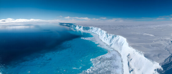 Antarcticas Azure Edge: A Majestic Ice Shelf Meets the Deep Blue Ocean.
