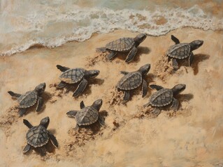 Baby sea turtles crawling across sandy beach heading toward ocean after hatching