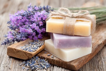 Handmade soap bars with lavender on wooden table promoting aromatherapy and hygiene