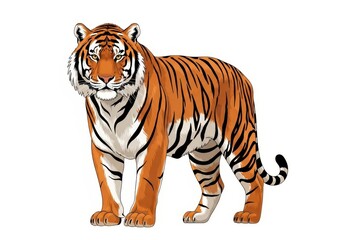 Obraz premium Flat illustration of a majestic tiger stands proudly, showcasing its iconic orange fur and bold black stripes