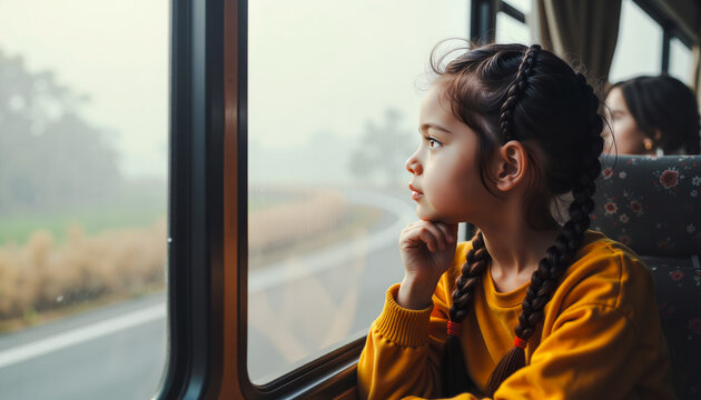 Young girl gazing thoughtfully out of bus window during journey, back to school