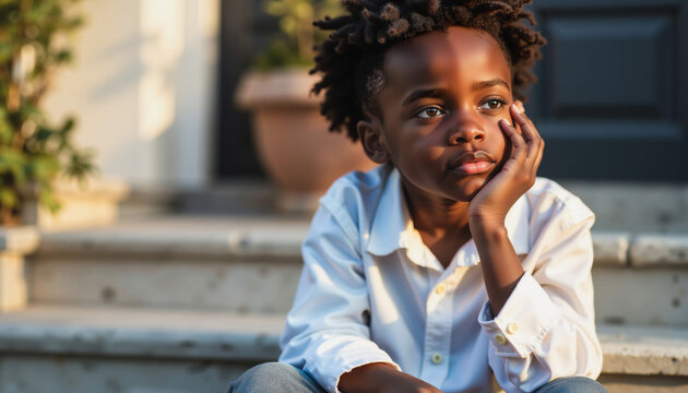 Young Black boy sitting on porch steps with thoughtful expression, concept of back to school  