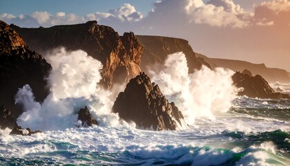 Dramatic coastal scene with large waves crashing against rugged cliffs at sunset