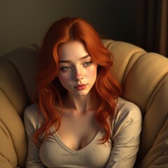 A Young Woman with Fiery Red Hair Relaxing in a Comfortable Armchair Indoors