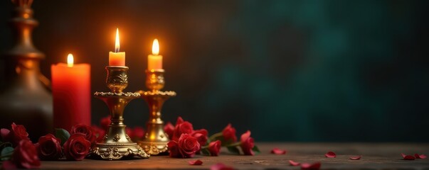 Ornate golden candle holders & flickering candles, vintage baroque style , traditional, flame