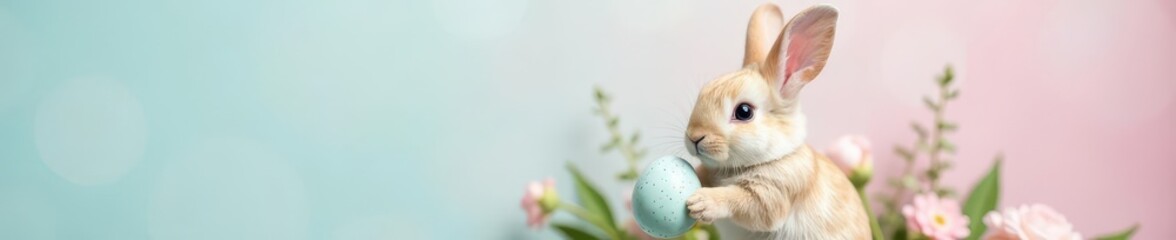 Pastel bunny holding speckled egg, flat lay style, flatlay, celebration, cute