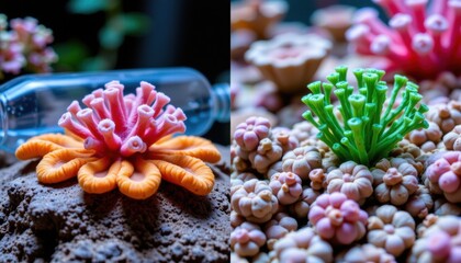 Close-up of colorful coral-shaped candies and sugar decorations arranged on cake and dessert platter for celebration or party decoration