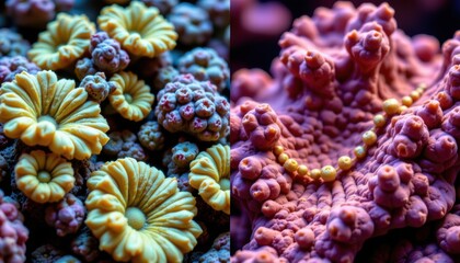 Fototapeta premium Close-up of colorful coral colonies showcasing intricate textures and vibrant colors in an underwater marine environment with detailed formations and natural beauty