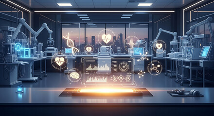 Advanced scientific research unfolds within a futuristic laboratory filled with glowing data and automated tools